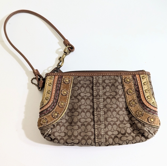 Rare Find-Vintage Coach Signature Logo Canvas/Suede Leather Wristlet Brown/Beige - Picture 1 of 7